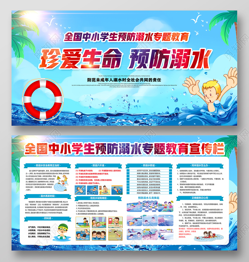 蓝色珍爱生命全国中小学生预防溺水专题教育宣传栏展板