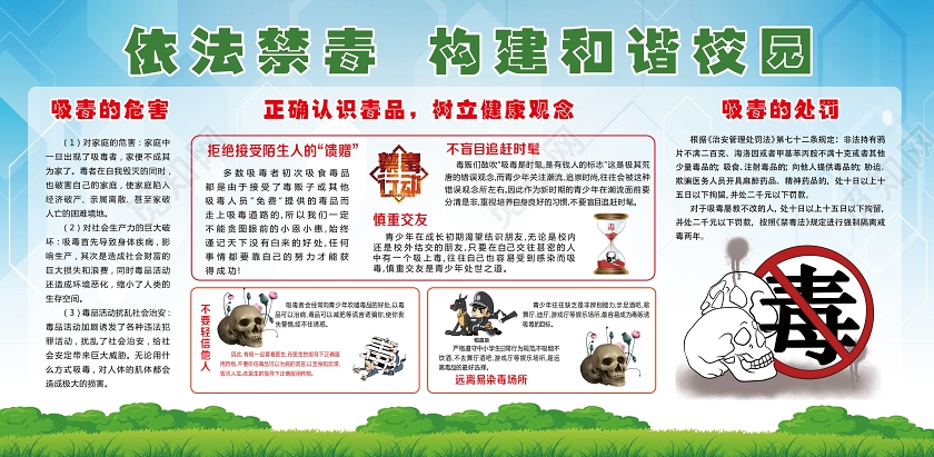 蓝色简约依法禁毒构建和谐校园校园禁毒展板