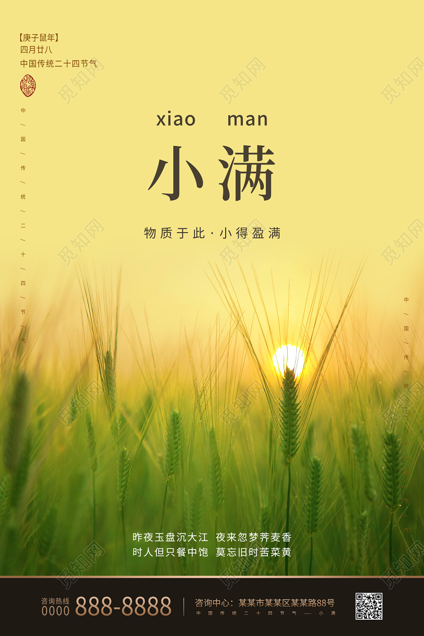 黄色简约清新麦田二十四节气小满海报