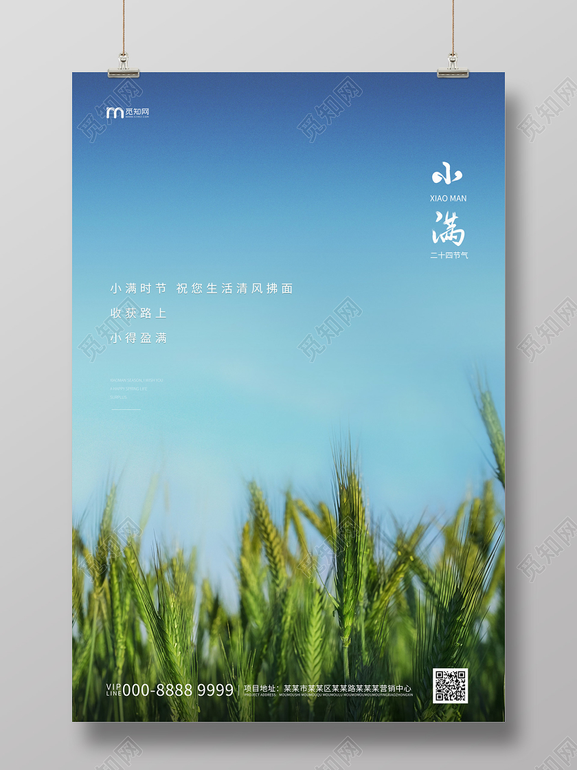 蓝色简约清新麦田二十四节气小满海报