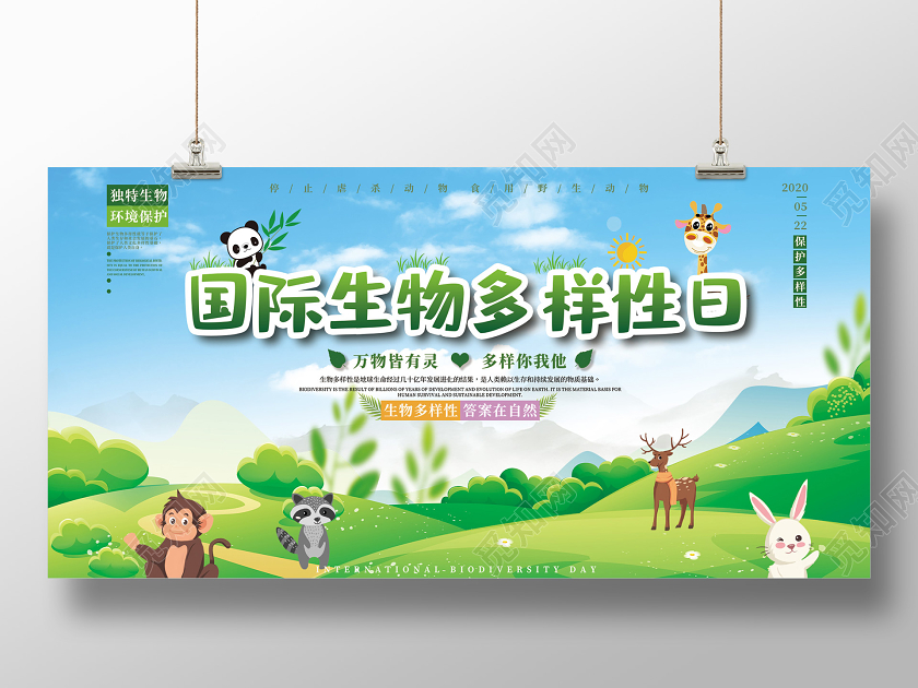蓝色卡通国际生物多样性日展板