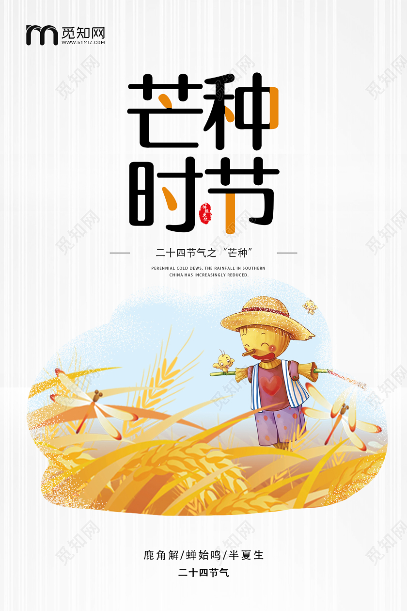 浅色系卡通二十四节气芒种时节宣传海报