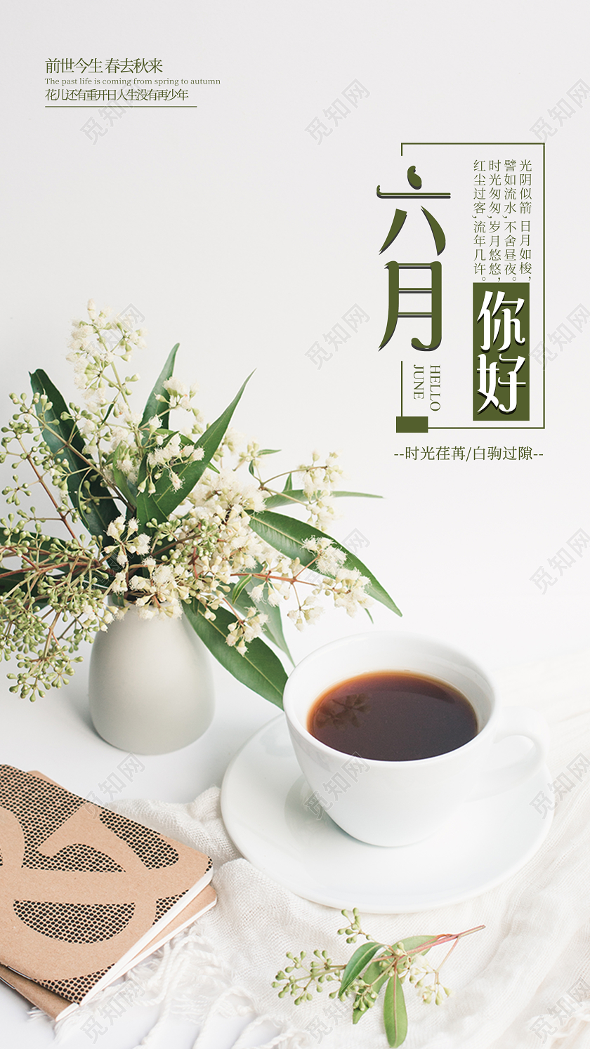 白色简约清新六月你好手机UI海报6月六月你好