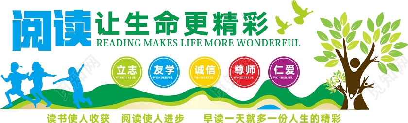 蓝绿几何简约风阅读让生命更精彩小学校园文化墙