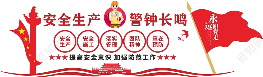 红色几何简约风安全生产警钟长鸣安全生产文化墙