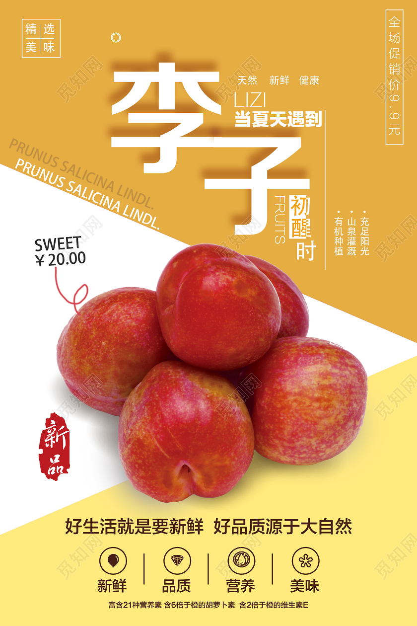 黄色简约水果李子海报