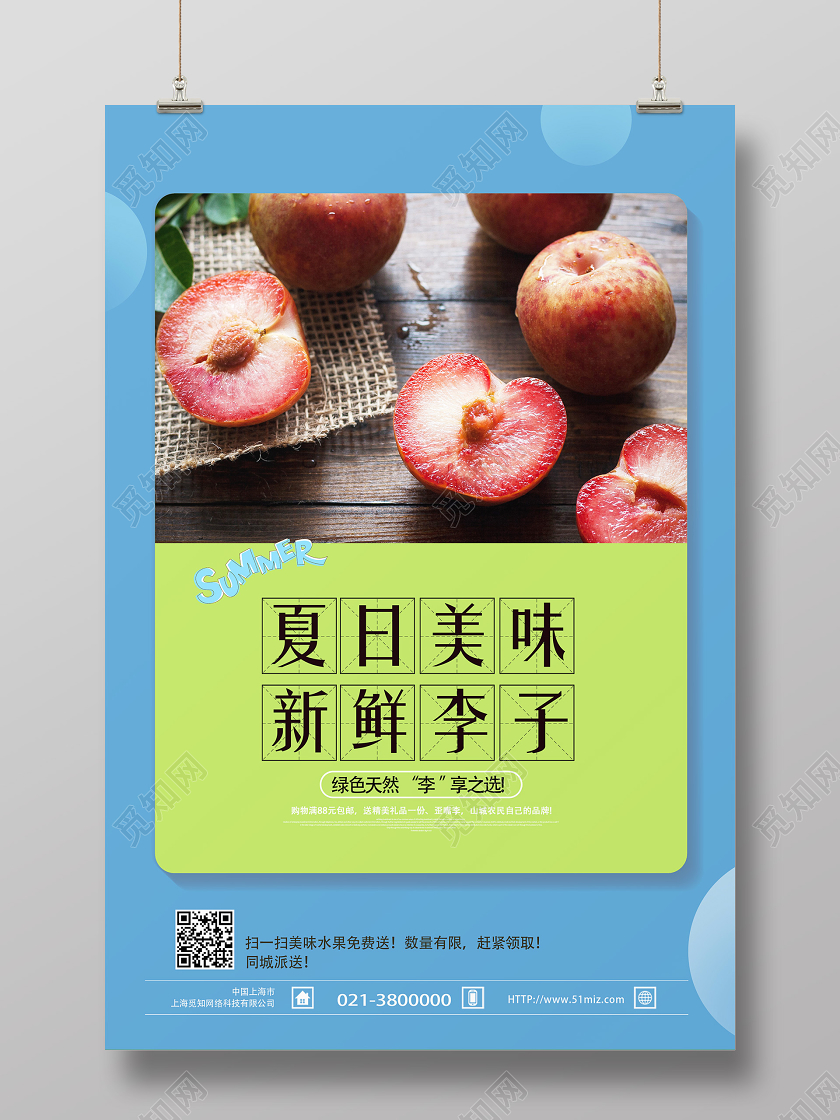 蓝色简约夏日美味新鲜李子水果李子海报
