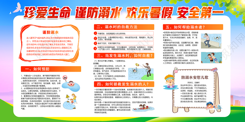红色珍爱生命谨防溺水欢乐暑假安全第一暑期防溺水宣传展板