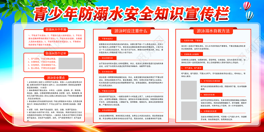 学校校园预防溺水安全教育红色简约青少年防溺水安全知识宣传栏展板