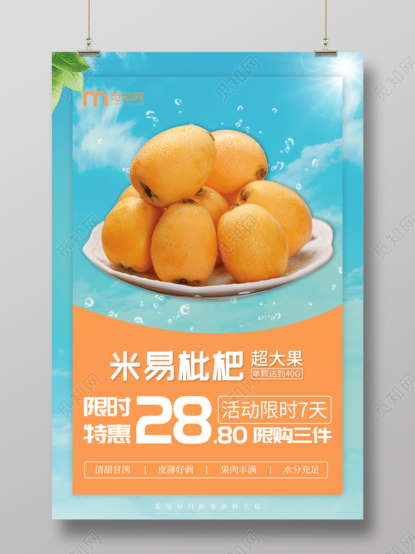 蓝色清新水果枇杷海报