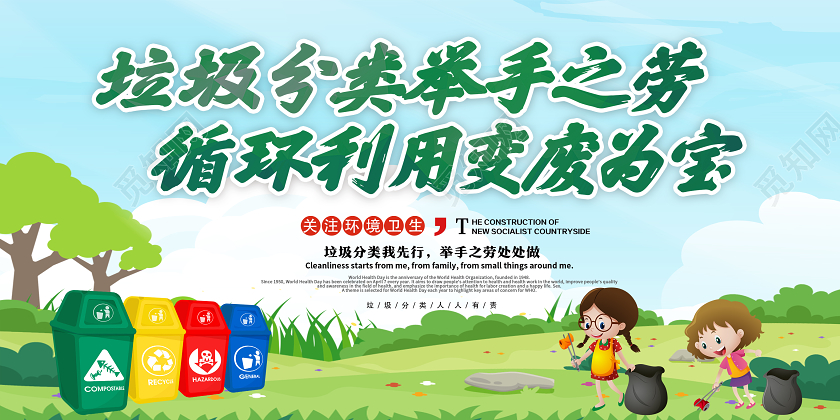 绿色卡通垃圾分类举手之劳公益环保环境保护垃圾分类展板