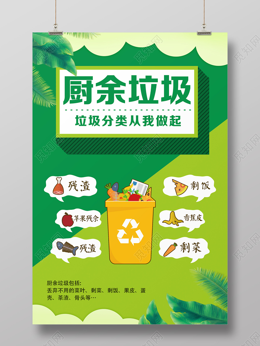 绿色卡通厨余垃圾公益环保环境保护垃圾分类海报