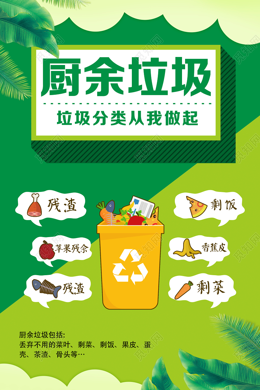绿色卡通厨余垃圾公益环保环境保护垃圾分类海报