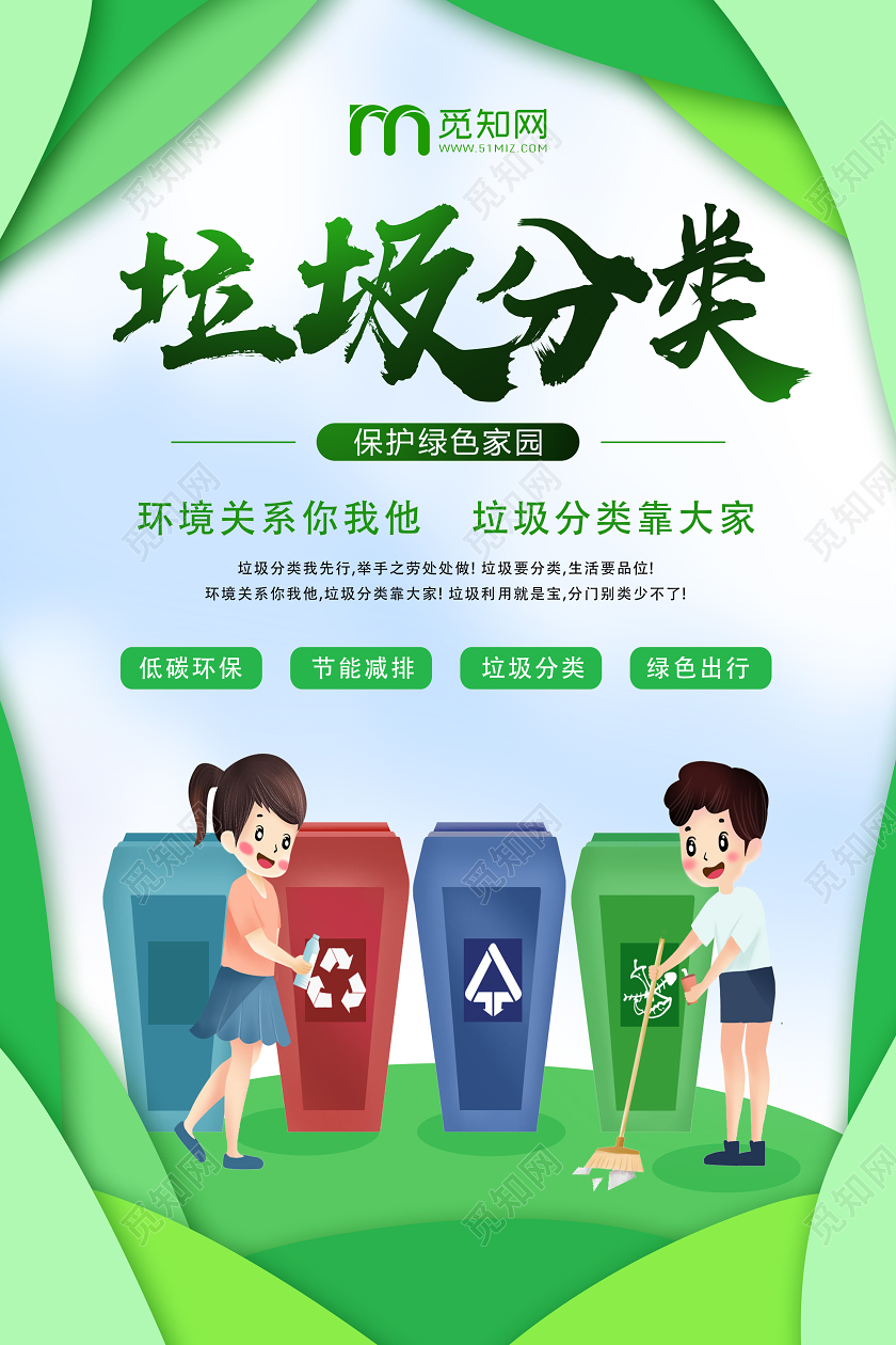 绿色卡通垃圾分类公益环保环境保护垃圾分类海报