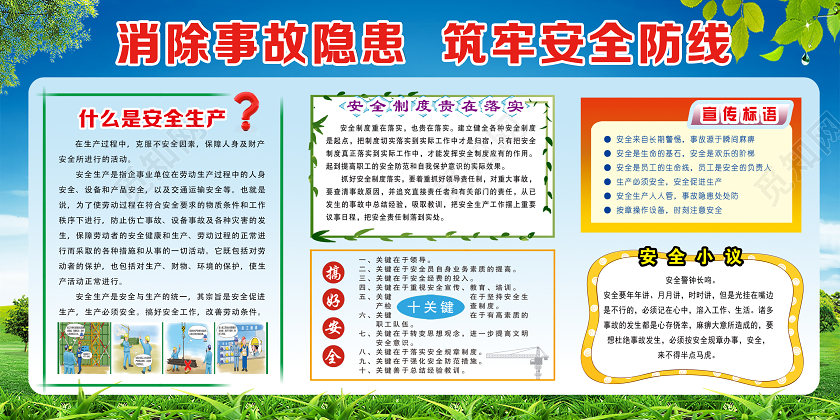 蓝色卡通消除事故隐患牢固安全防线校园学校安全生产展板