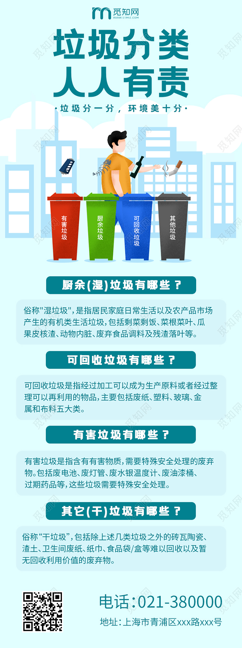 淡蓝色卡通垃圾分类人人有责宣传手机海报公益环保环境保护垃圾分类