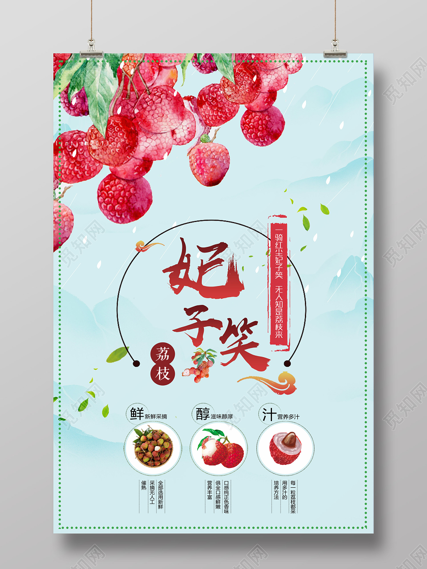浅色插画妃子笑荔枝海报水果荔枝
