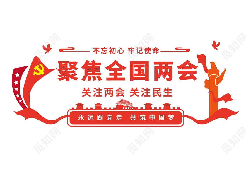 红色简洁创意不忘初心牢记使命聚焦全国两会文化墙设计两会党建党课党政文化墙