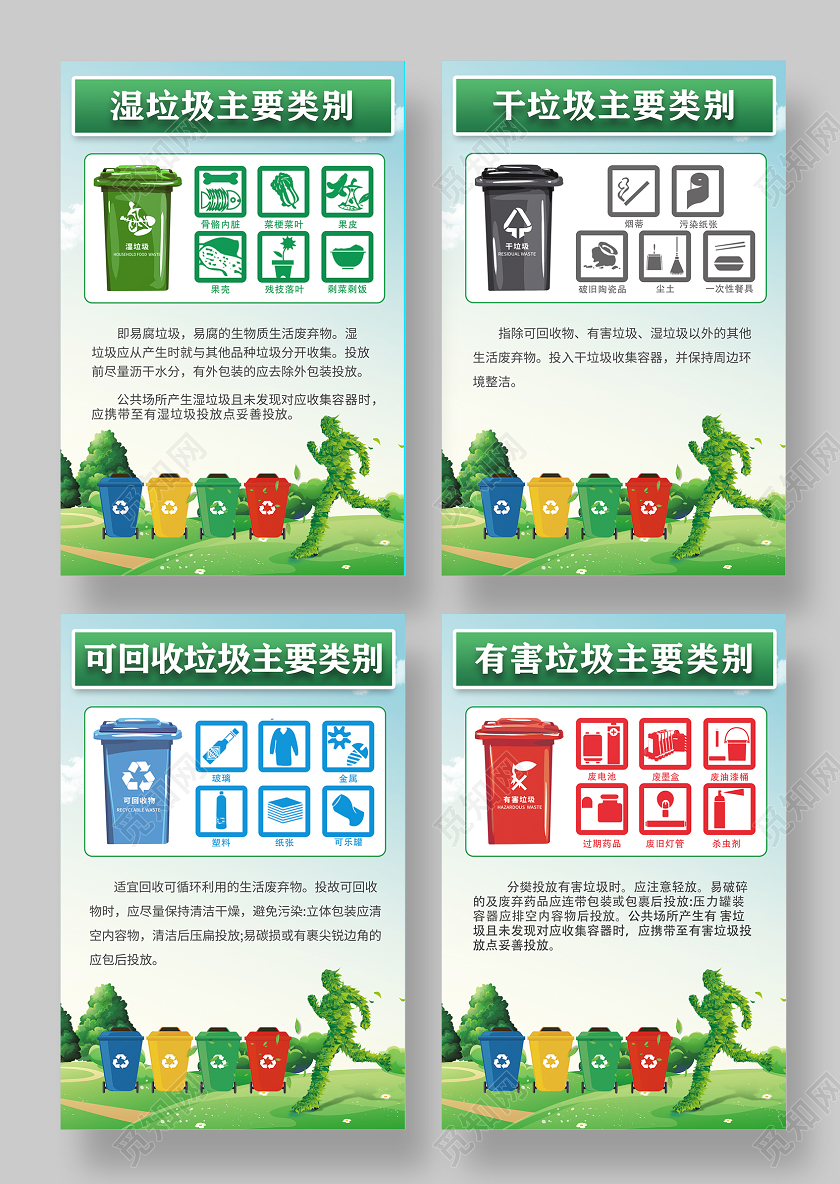 绿色简约垃圾分类干垃圾湿垃圾知识海报公益环保环境保护垃圾分类