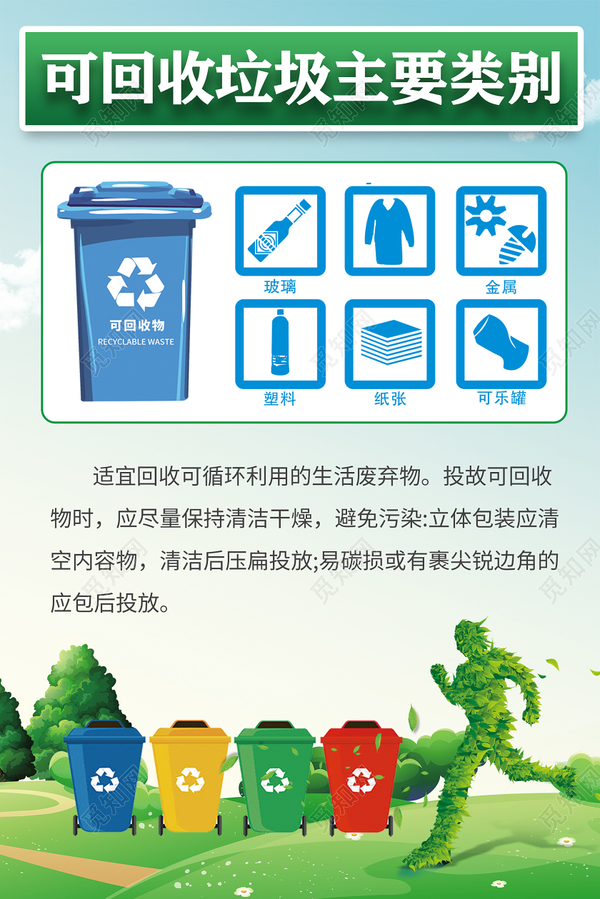 绿色简约垃圾分类干垃圾湿垃圾知识海报公益环保环境保护垃圾分类