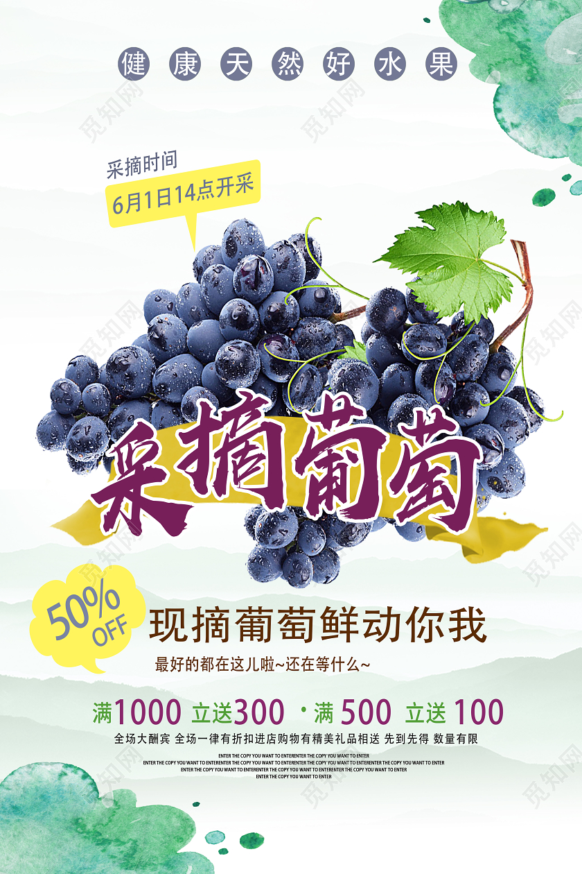 白色简约采摘葡萄水果采摘海报