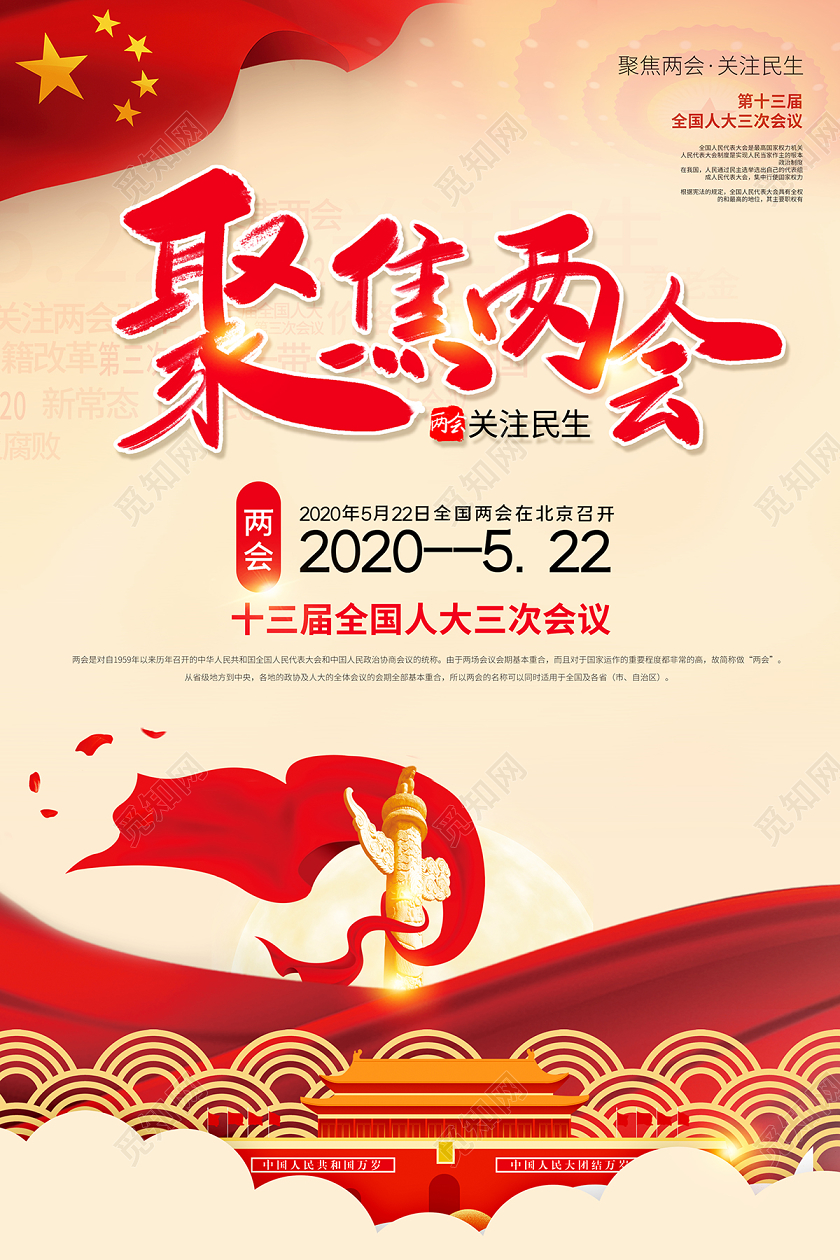 2020全国两会聚焦两会关注民生海报设计