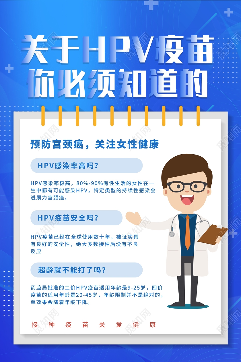 蓝色医疗背景HPV疫苗来了预防宫颈癌疫苗宣传海报国产HPV疫苗