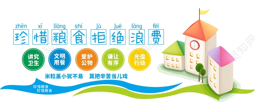 蓝绿卡通风珍惜粮食拒绝浪费学校食堂文化墙