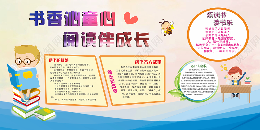 蓝色渐变卡通风书香沁童心阅读伴成长学习园地设计展板