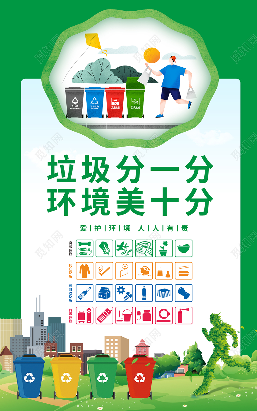 绿色卡通背景垃圾分类环保资源利用宣传套图