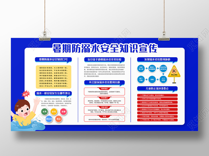 蓝色简约清新卡通暑期防溺水安全知识宣传防溺水展板