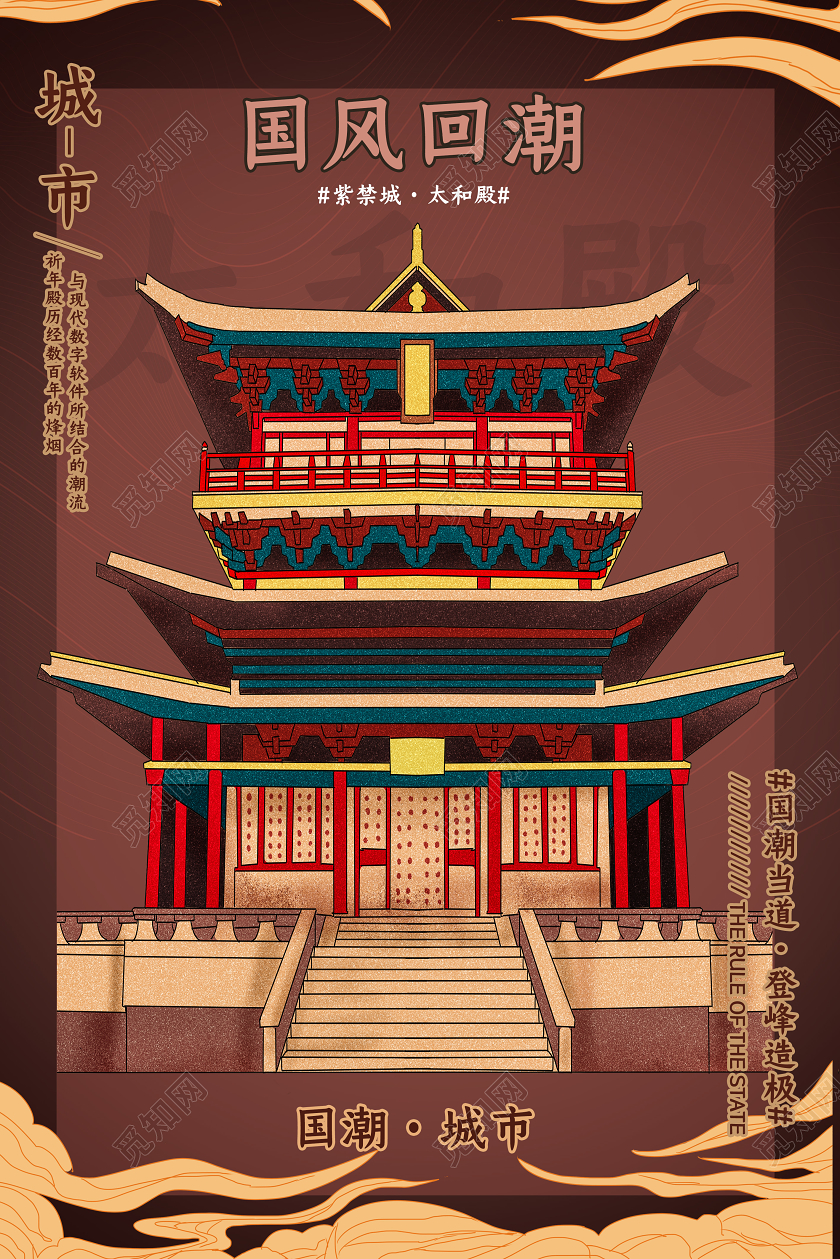 暗红色国潮风国潮城市宣传海报建筑海报