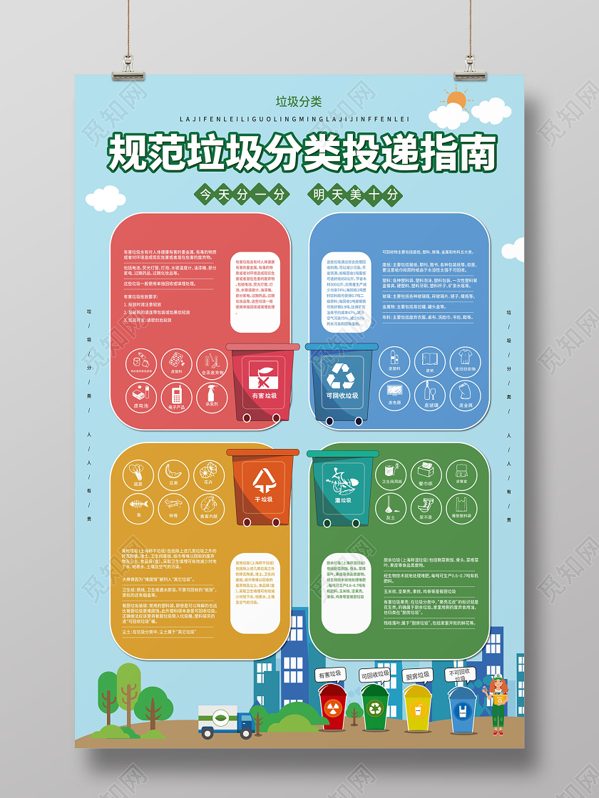 蓝色卡通扁平化风格规范垃圾分类投递指南海报设计