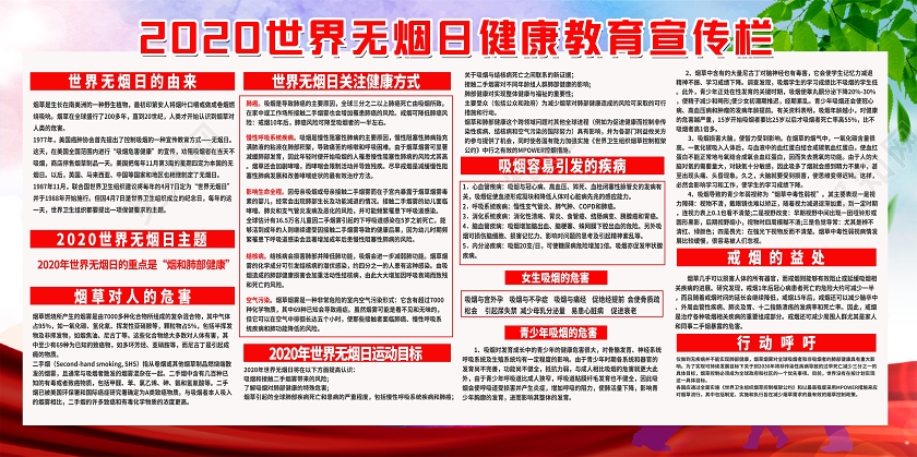 红色世界无烟日2020世界无烟日健康教育宣传栏展板