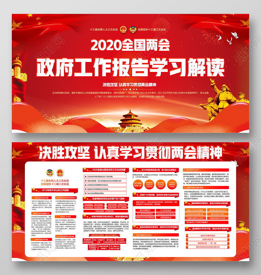 红色党建党政党课2020全国两会政府工作报告学习解读展板