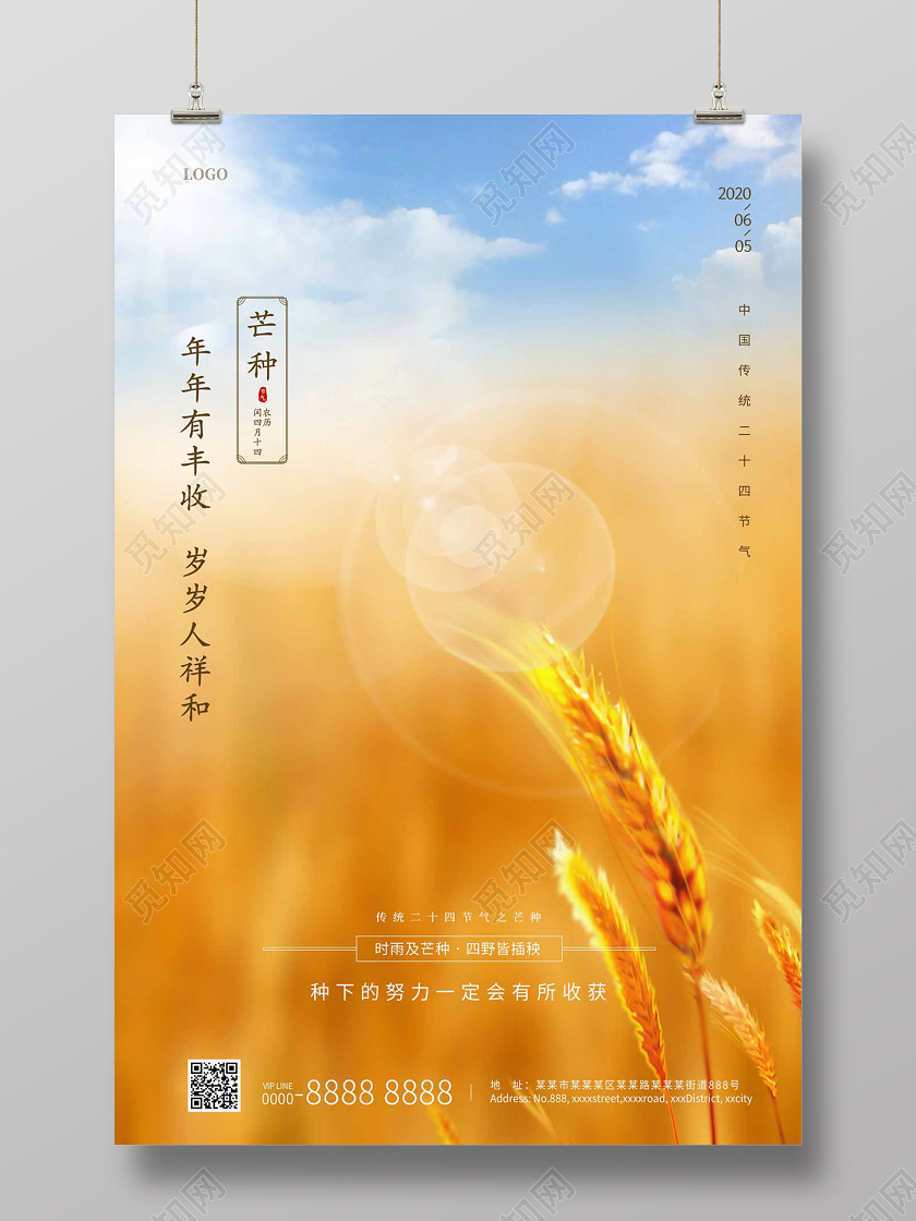 简约大气金色麦田二十四节气芒种海报