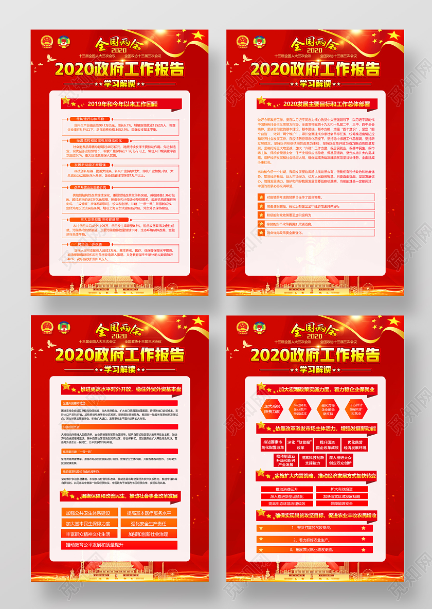 红色党建党政党课2020年全国两会政府工作报告学习解读海报