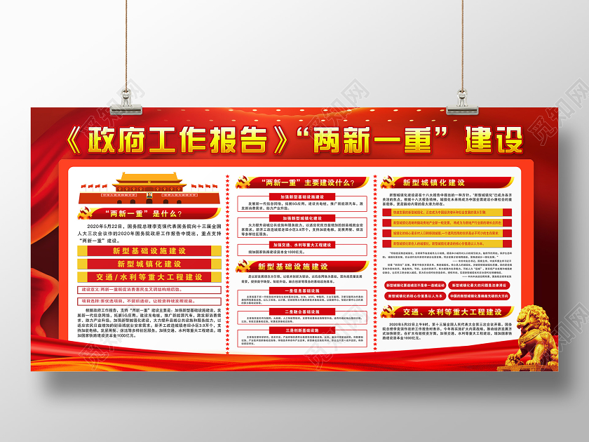 红色党政党建党课两会政府工作报告两新一重建设宣传展板