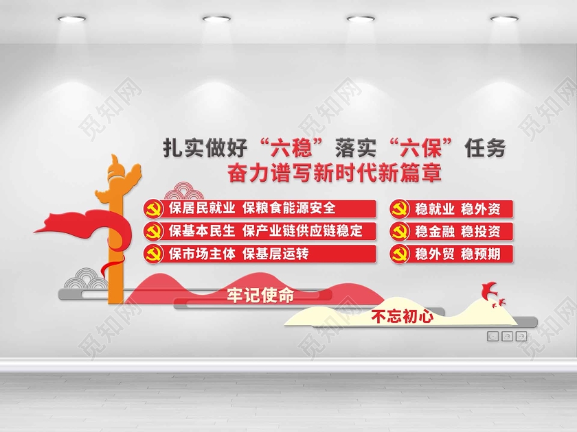 红色创意中国风牢记使命不忘初心党建党政六稳六保党建文化墙