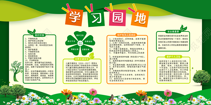卡通风格爱护环境爱护卫生宣传展板学习园地设计