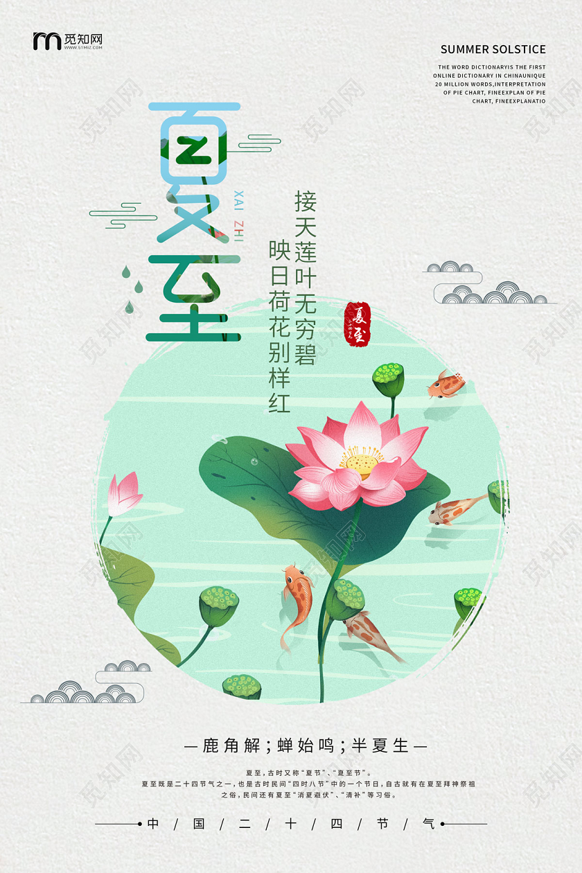 白色清新中国风荷塘荷花二十四节气夏至海报