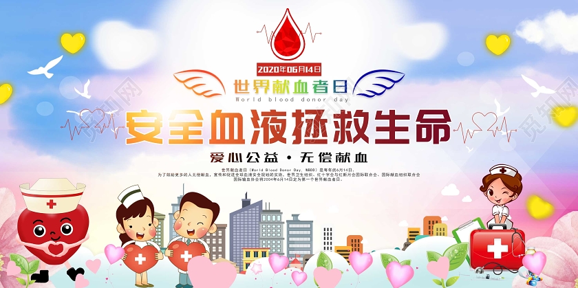 卡通清新世界献血日公益献血无偿献血宣传展板