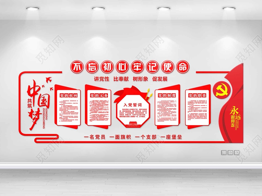 红色创意简约风不忘初心牢记使命党建文化墙