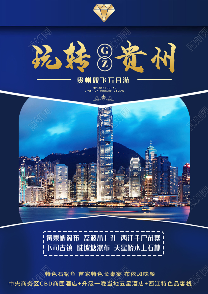 蓝色简约玩转贵州景点旅游海报贵州旅游