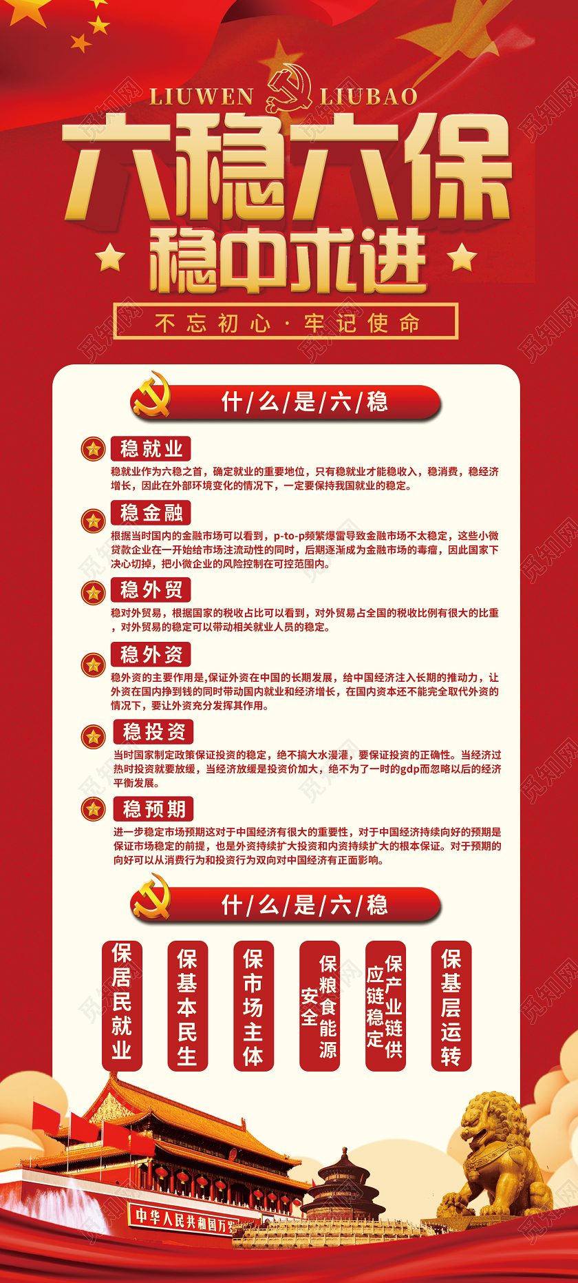 红色大气六稳六保稳中求进党建党政党课展架易拉宝六保六稳