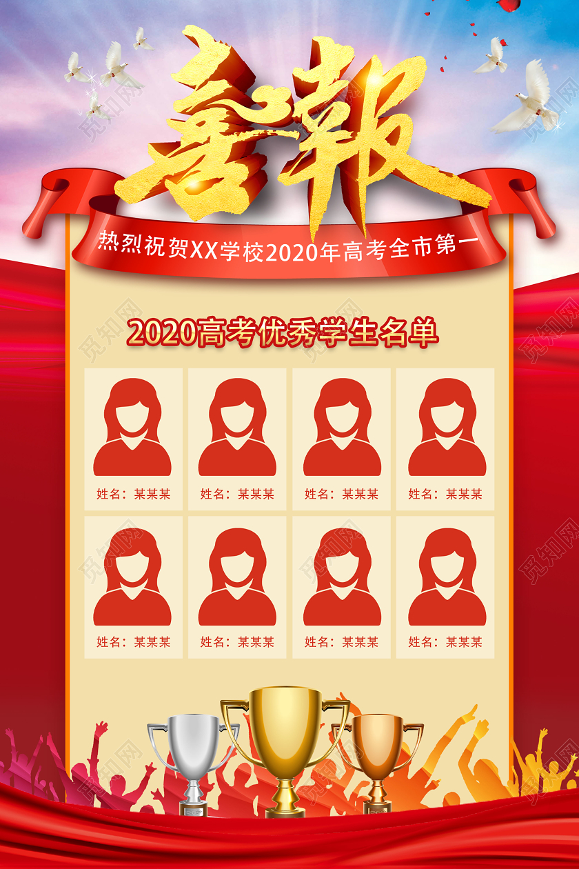 红色大气高考喜报2020高考优秀学生名单宣传海报