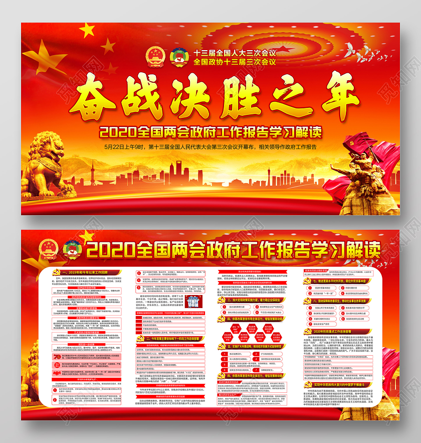 红色党建党政党课2020年两会政府工作报告学习解读展板
