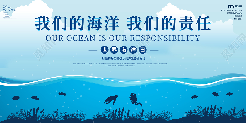 6月8日蓝色扁平插画风世界海洋日保护海洋横版展板海报