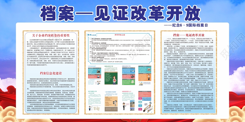 蓝色几何简约风档案见证改革开放国际档案日展板