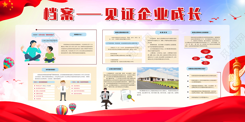 红色简约档案见证企业成长国际档案日展板